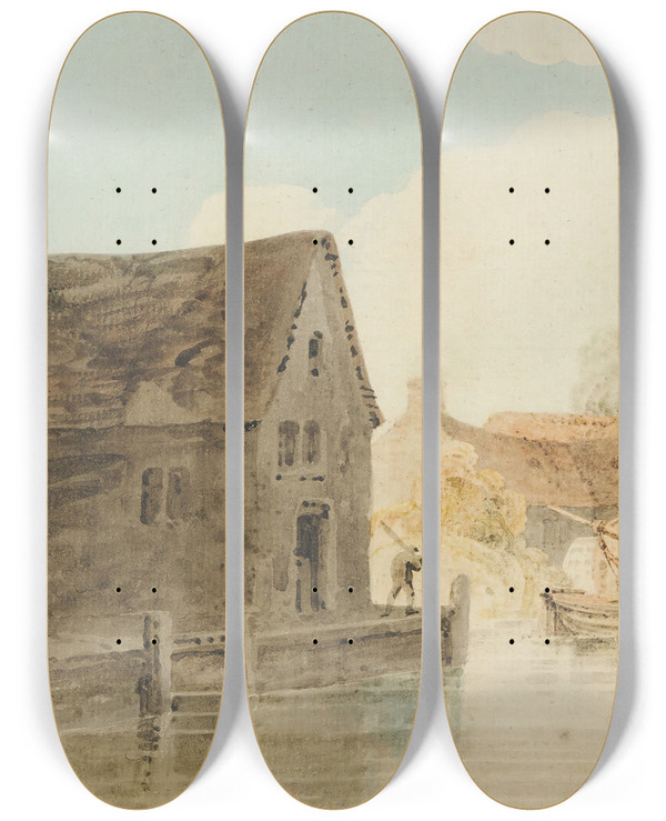 Triptych art skateboard deck of Thomas Girtin Canal Wharf by Thomas Girtin (1775-1802)