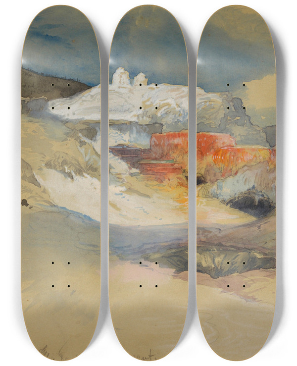 Triptych art skateboard deck of Thomas Moran Yellowstone Hot Springs by Thomas Moran (1837-1926)