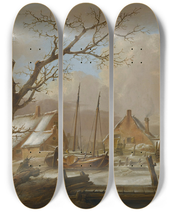 Triptych art skateboard deck of Jan Van Os A Winter Landscape by Jan Van Os (1744-1808)