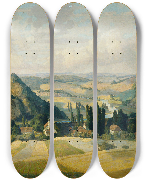 Triptych art skateboard deck of Richard Kaiser Landschaft Werratal by Richard Kaiser (1868-1941)