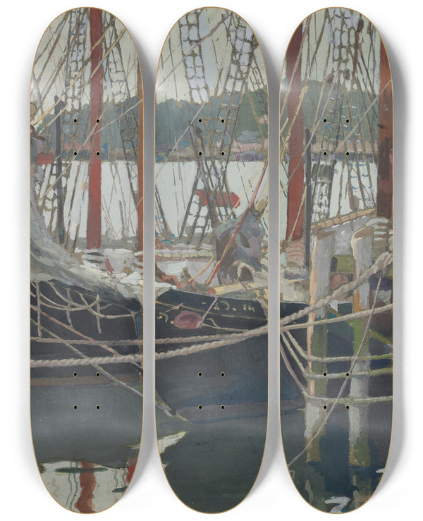 Triptych art skateboard deck of Caroline Coit Idle Days Gloucester Massachusetts by Caroline E Coit