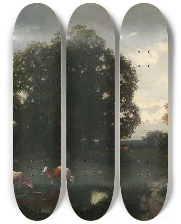 Triptych art skateboard deck of Adolf Kaufmann Khe Auf Der Weide by Adolf Kaufmann (1848-1916)