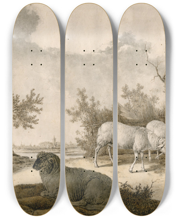 Triptych art skateboard deck of Barend Hendrik Thier Herder Met Schapen Bij Omheining by Barend Hendrik Thier (1751-1814)