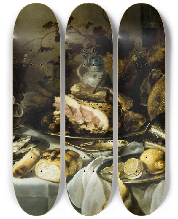 Triptych art skateboard deck of Pieter Claesz Still Life With Ham_1 by Pieter Claesz (1596-1660)