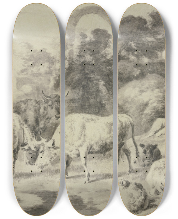 Triptych art skateboard deck of Dirck Van Bergen Cow Herd With Shepherds by Dirck Van Bergen (1645-1690)