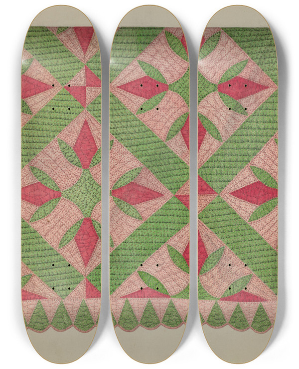 Triptych art skateboard deck of Catherine Fowler Turkey Track Quilt by Catherine Fowler