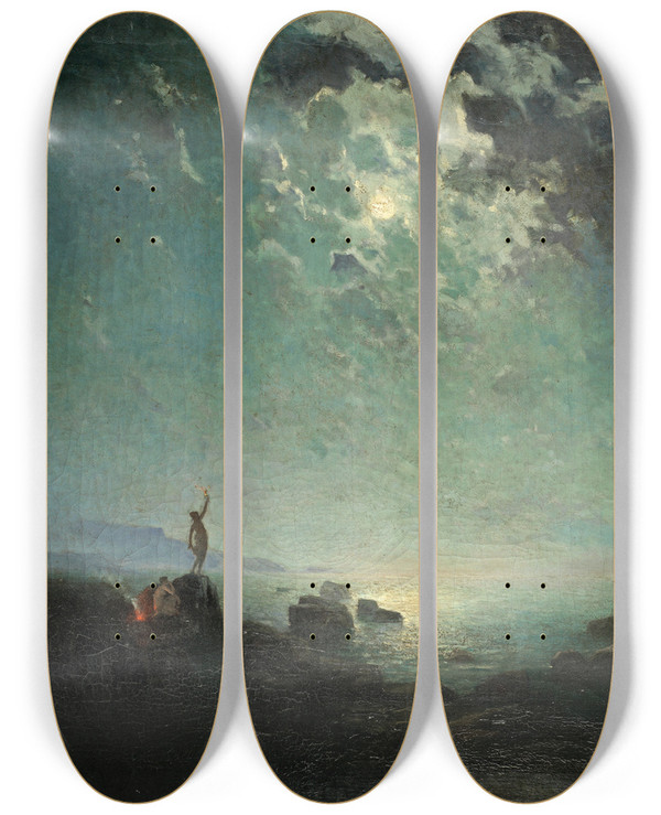 Triptych art skateboard deck of Jean Dalheim Moonlit Coastal Scene by Jean d'Alheim