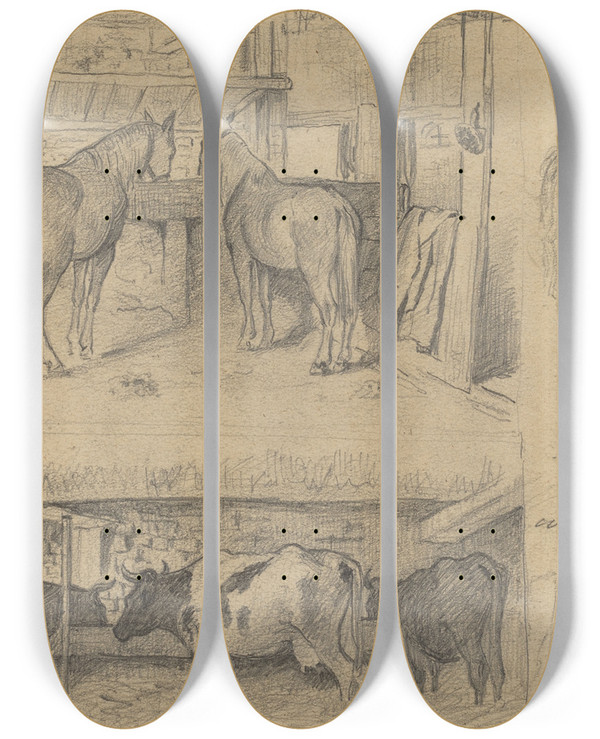 Triptych art skateboard deck of Lovis Corinth The Barn by Lovis Corinth (1858-1925)