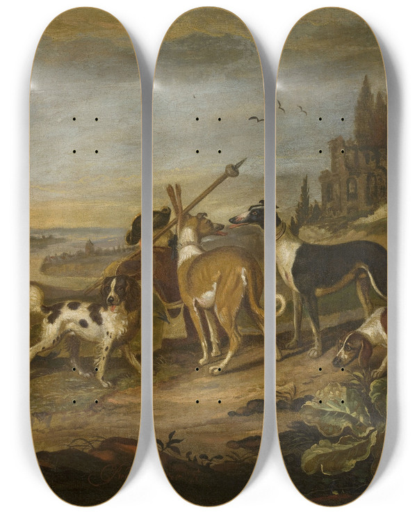Triptych art skateboard deck of Adriaen Cornelisz Beeldemaker Gundogs Against Landscape by Adriaen Cornelisz Beeldemaker (1618-1709)