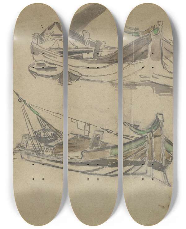 Triptych art skateboard deck of Anton Burger Studienblatt Mit Flukhnen by Anton Burger (1824-1905)