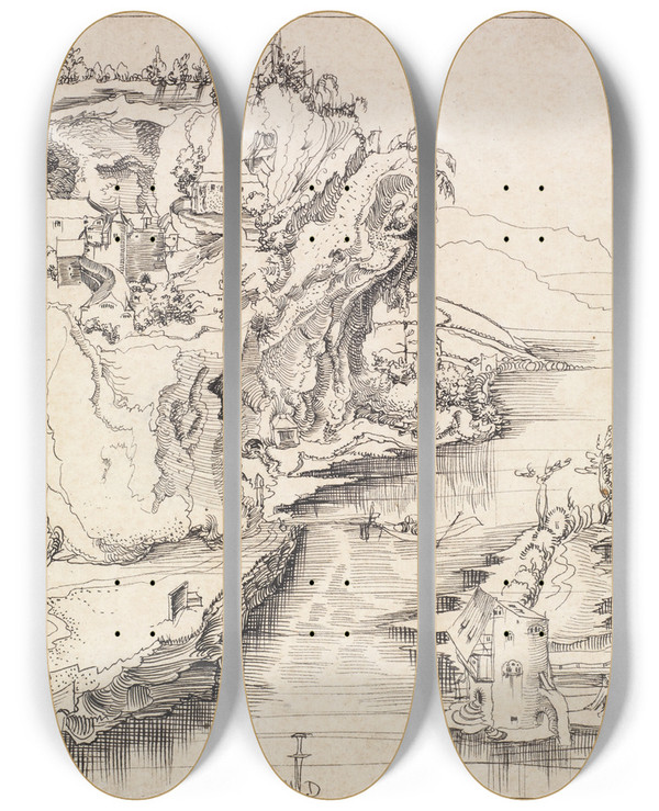 Triptych art skateboard deck of Niklaus Manuel Bergwerk by Niklaus Manuel (1484-1530)
