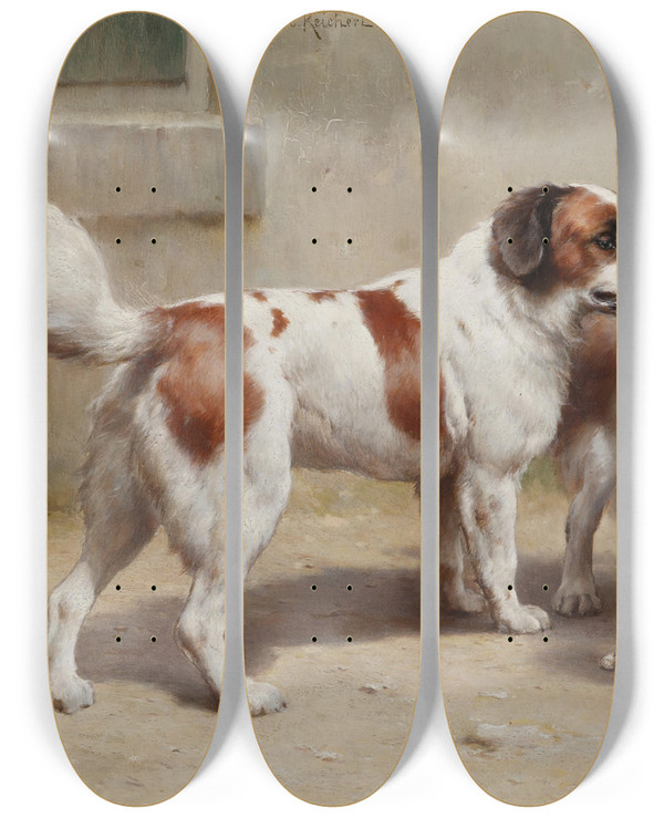 Triptych art skateboard deck of Carl Reichert Drei Hunde by Carl Reichert (1836-1918)