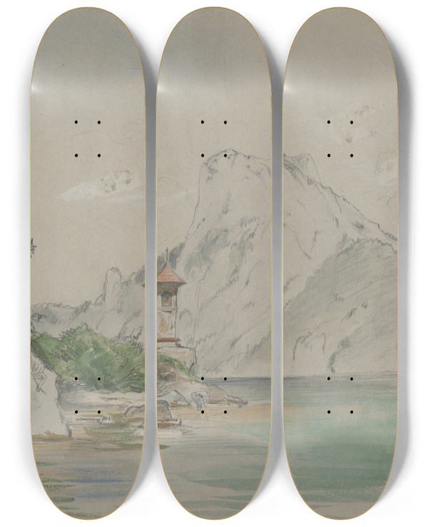 Triptych art skateboard deck of Jan Nowopack Mountain Lake by Jan Nowopacky