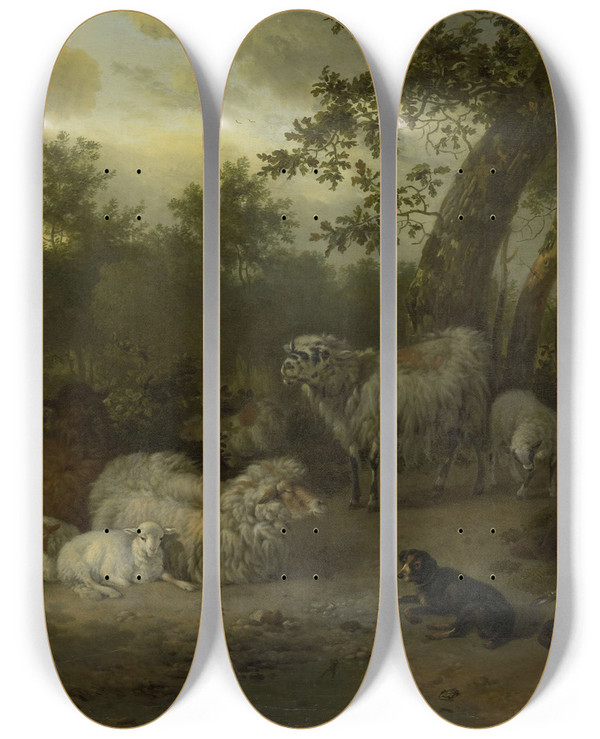 Triptych art skateboard deck of Jan Van Der Meer The Younger The Sleeping Shepherd by Jan van der Meer the Younger (1656-1705)