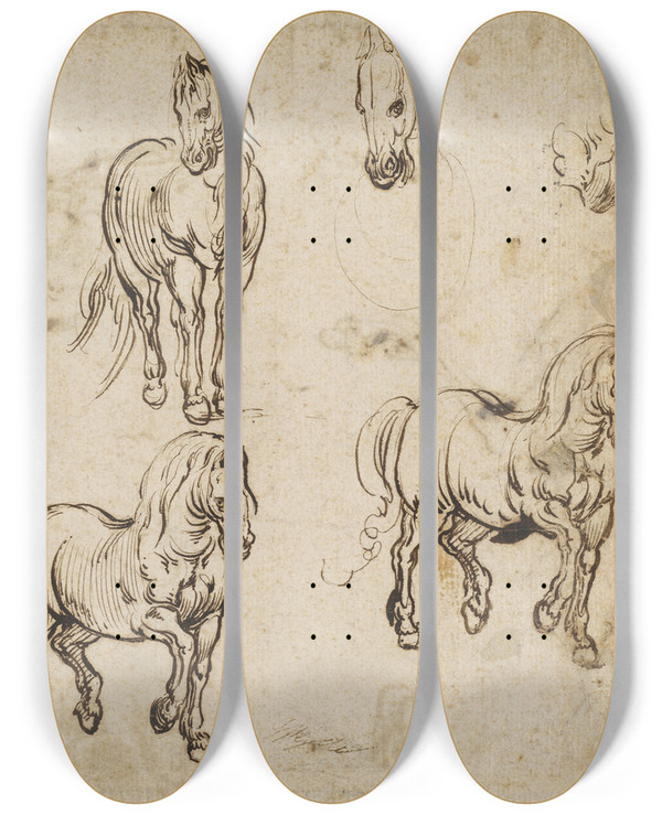Triptych art skateboard deck of Jacques Callot Studies Of Horses Recto by Jacques Callot (1592-1635)