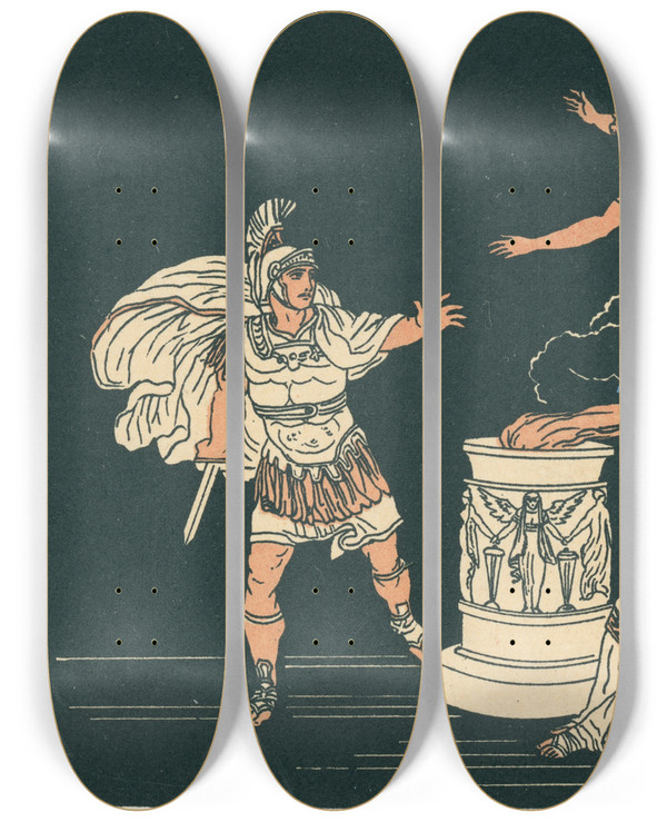 Triptych art skateboard deck of Bartolomeo Pinelli Aeneas And Helen by Bartolomeo Pinelli (1781-1835)