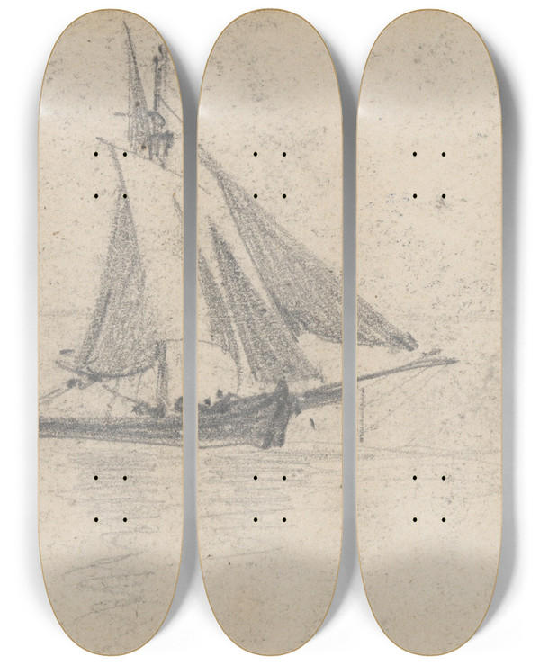 Triptych art skateboard deck of John Singer Sargent Sailboat Towing Dory by John Singer Sargent (1856-1925)