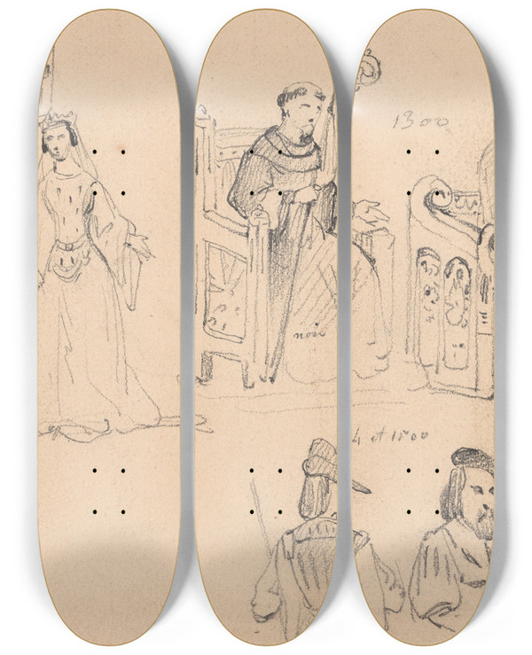 Triptych art skateboard deck of Nicaise De Keyser Figures_2 by Nicaise De Keyser (1813-1887)