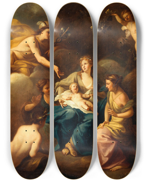 Triptych art skateboard deck of Pierrejacques Cazes La Naissance De Bacchus by Pierre-Jacques Cazes (1676-1754)