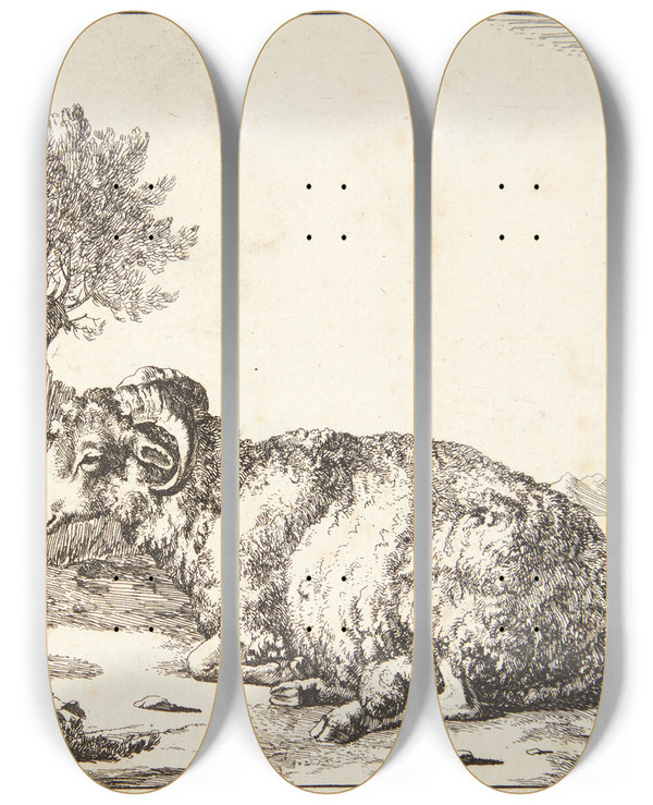 Triptych art skateboard deck of Marcus De Bye Liggende Vdder Vendt Mod Venstre by Marcus de Bye (1638-1688)
