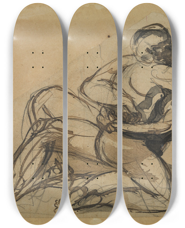 Triptych art skateboard deck of Auguste Rodin En Mand Der Omfavner En Kvinde by Auguste Rodin (1840-1917)