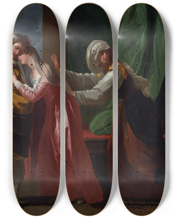 Triptych art skateboard deck of Benjamin West Romeoand Juliet by Benjamin West (1738-1820)