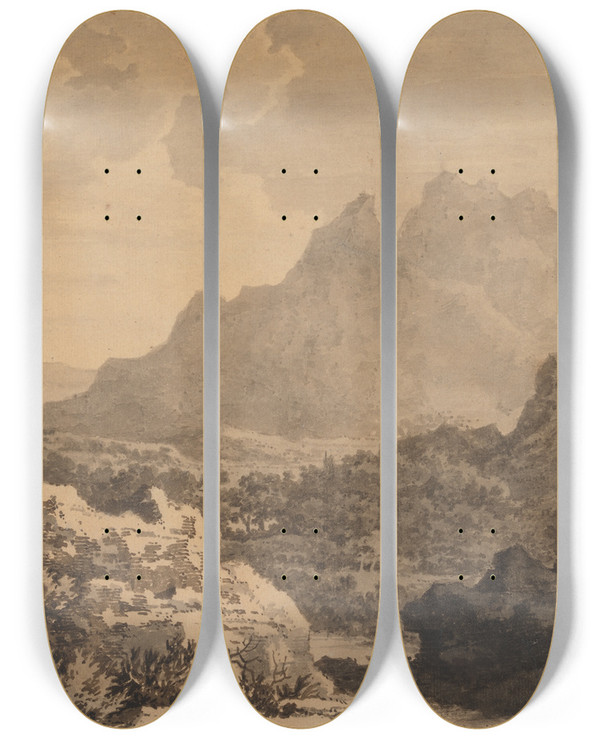 Triptych art skateboard deck of Alexander Cozens Mountainous Landscape_2 by Alexander Cozens (1717-1786)