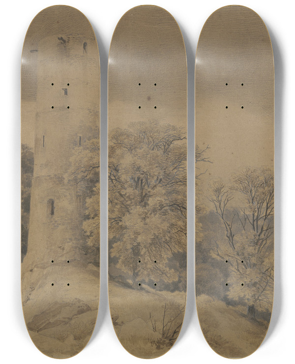 Triptych art skateboard deck of Karl Friedrich Lessing Waldlandschaft Mit Wartturm by Karl Friedrich Lessing (1808-1880)