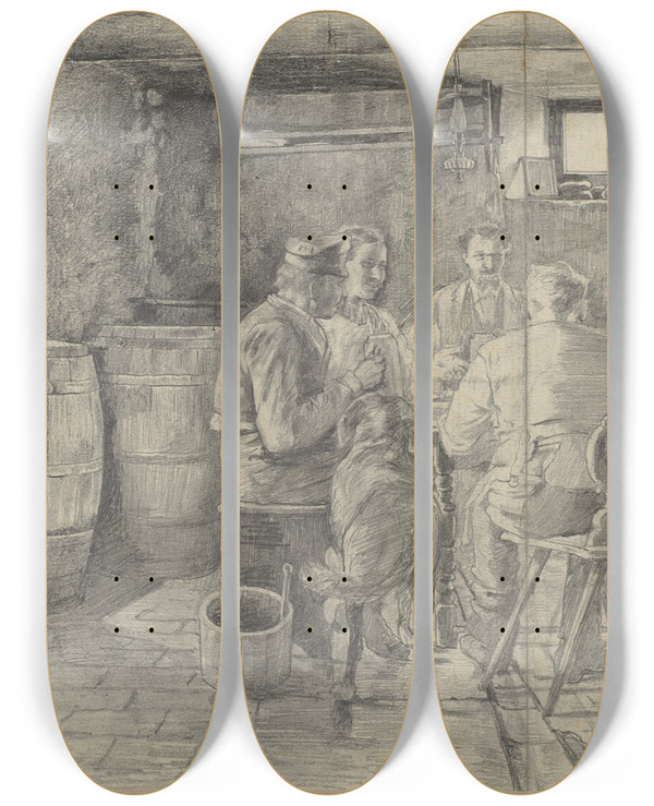 Triptych art skateboard deck of Reinhold Werner Arbeiter Bei Der Mahlzeit by Reinhold Werner (1864-1939)