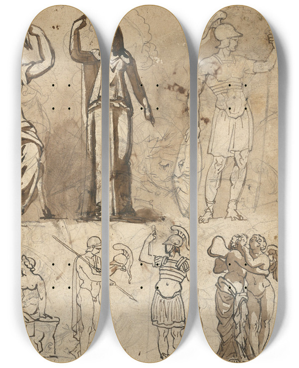 Triptych art skateboard deck of Thodore Gricault Classical Statuary by Theodore Gericault (1791-1824)