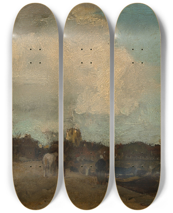 Triptych art skateboard deck of Jacob Maris Canal Side by Jacob Maris (1837-1899)
