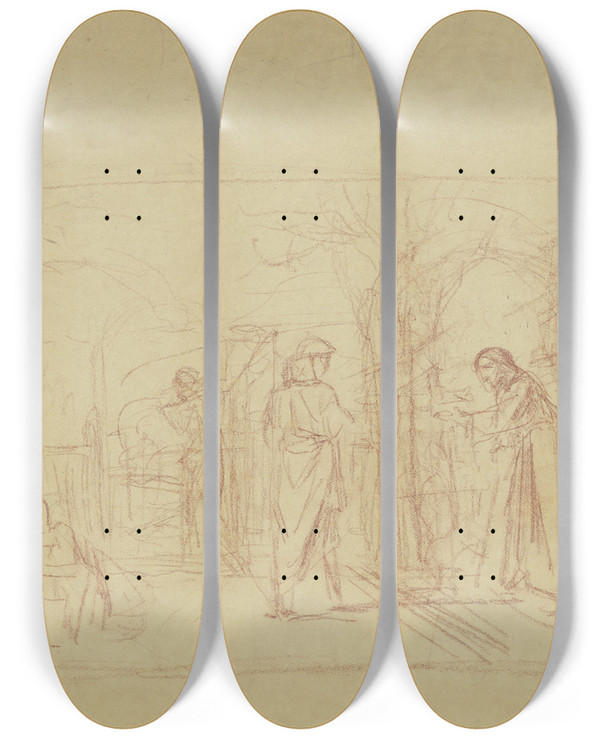 Triptych art skateboard deck of Wilhelm Steinhausen Worker On The Vineyard by Wilhelm Steinhausen (1846-1924)