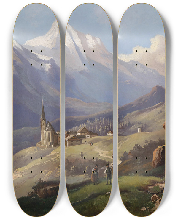 Triptych art skateboard deck of Ferdinand Lepie Heiligenblut by Ferdinand Lepie (1824-1883)
