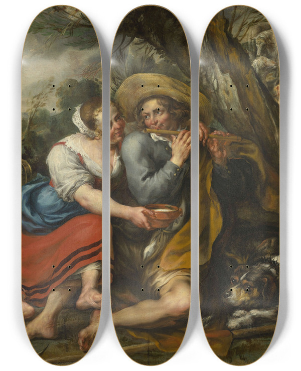 Triptych art skateboard deck of Jan Thomas Pastoral Scene by Jan Thomas (1617-1678)