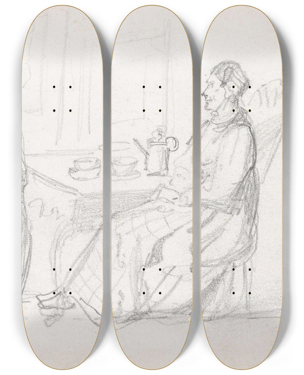 Triptych art skateboard deck of Adolph Tidemand To Kvinner Som Drikker Kaffe by Adolph Tidemand (1814-1876)