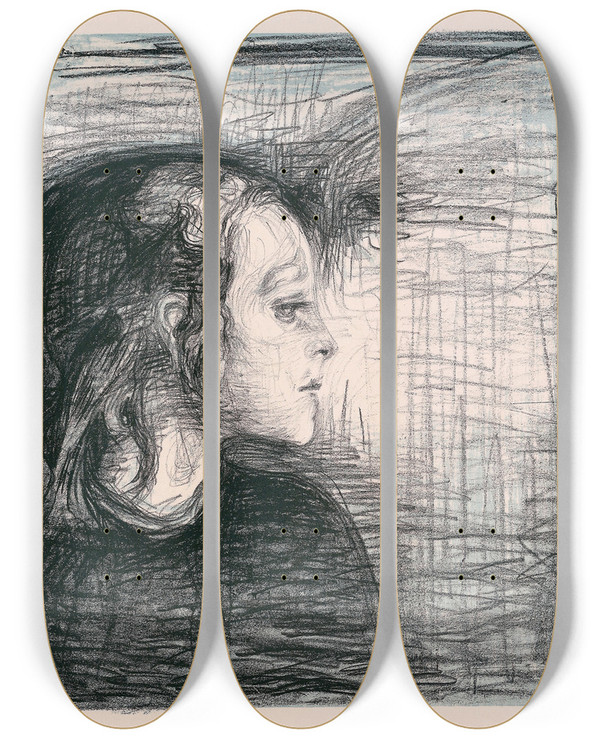 Triptych art skateboard deck of Edvard Munch The Sick Child I by Edvard Munch (1863-1944)