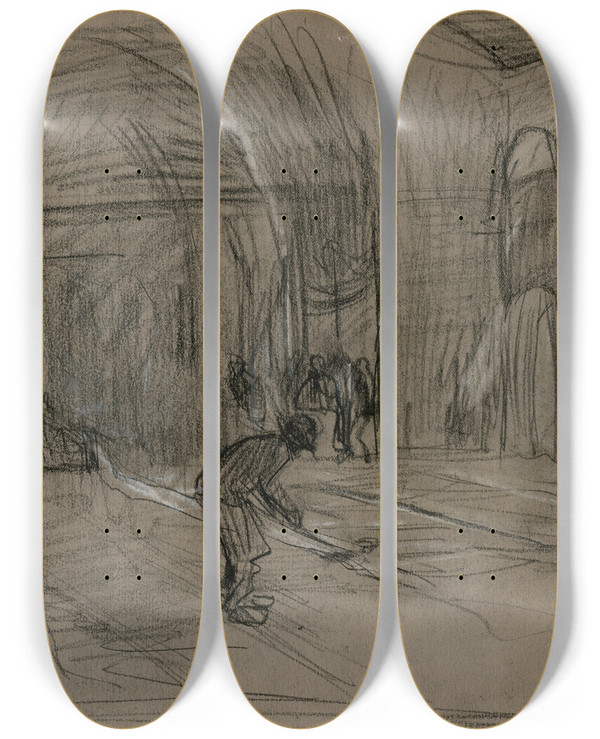 Triptych art skateboard deck of Isaac Israls Interieur Van Een Glasblazerij 2 by Isaac Israels (1865-1934)