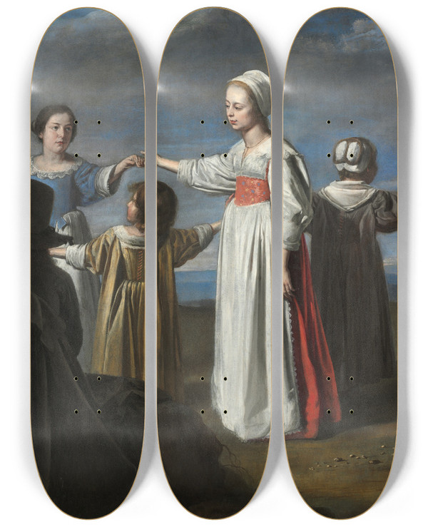 Triptych art skateboard deck of Le Nain Children Dancing by Le Nain (17-)