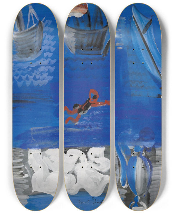 Triptych art skateboard deck of Raoul Dufy Nature Morte Et Bateaux by Raoul Dufy (1877-1953)