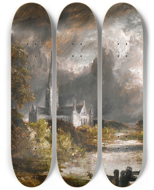 Triptych art skateboard deck of John Constable Salisbury Cathedral From The Meadows_1 by John Constable (1776-1837)
