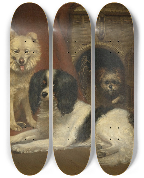 Triptych art skateboard deck of Bernard Te Gempt A Sheepdog A King Charles Spaniel And A Terrier by Bernard Te Gempt (1826-1879)