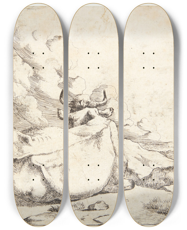 Triptych art skateboard deck of Marcus De Bye Liggende Ko_1 by Marcus de Bye (1638-1688)