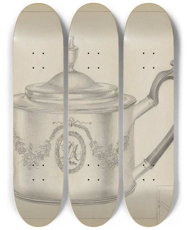 Triptych art skateboard deck of Hester Duany Silver Teapot_2 by Hester Duany (1891-1964)