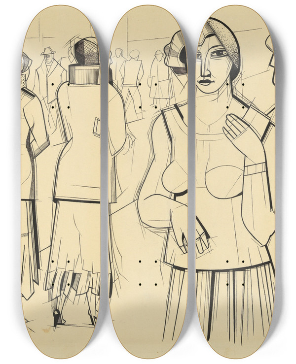 Triptych art skateboard deck of Karl Wiener Strae Mit Mdchen by Karl Wiener (1901-1949)