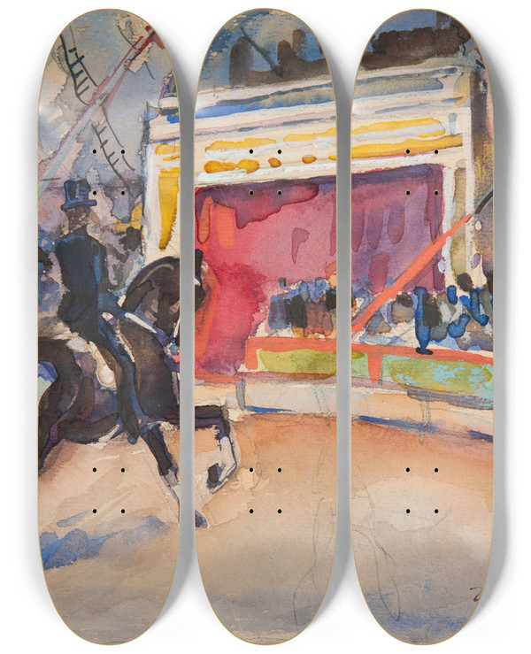 Triptych art skateboard deck of Ivan Ivanec Scena Z Cyrku Jedziec Na Koniu by Ivan Ivanec (1893-1946)
