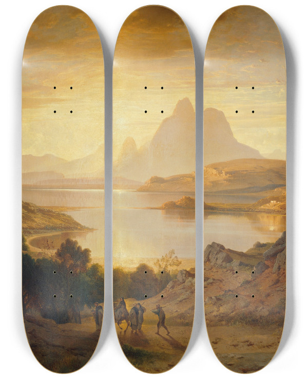 Triptych art skateboard deck of Albert Zimmermann Lago Di Lugano by Albert Zimmermann (1808-1888)