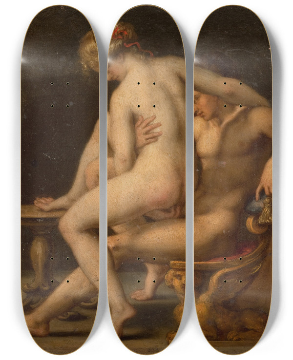 Triptych art skateboard deck of Agostino Carracci Nuditet Med Mand Og Kvinde_2 by Agostino Carracci (1557-1602)