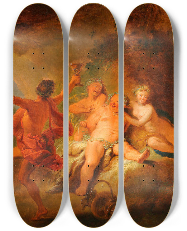 Triptych art skateboard deck of Nicolas Bertin Bacchanalia by Nicolas Bertin (1668-1736)