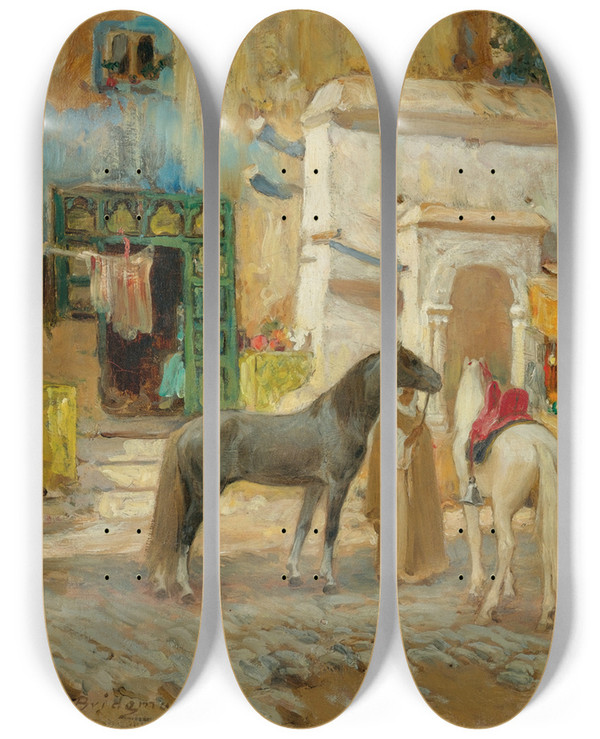 Triptych art skateboard deck of Frederick Arthur Bridgman The Market Square_2 by Frederick Arthur Bridgman (1847-1928)