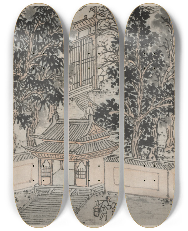 Triptych art skateboard deck of Shen Zhou Tigerflight Spring At The Back Gate by Shen Zhou (1427-1509)